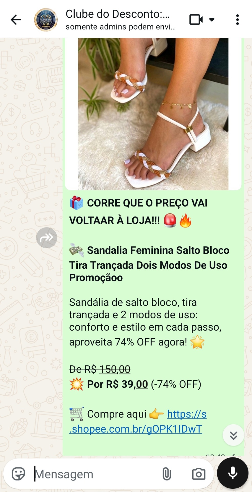 Exemplo de oferta enviada no grupo do WhatsApp